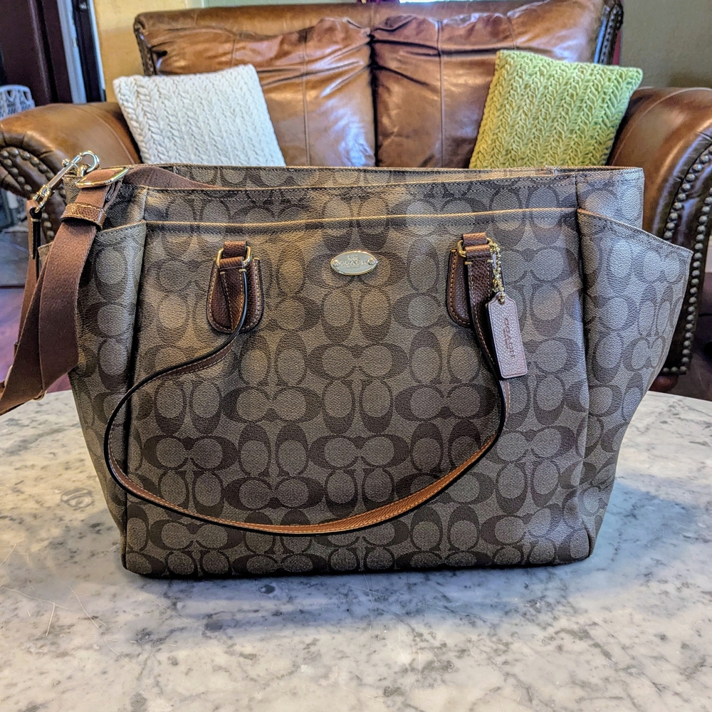 Coach Classic Monogram Diaper Bag With Leather Trim EUC